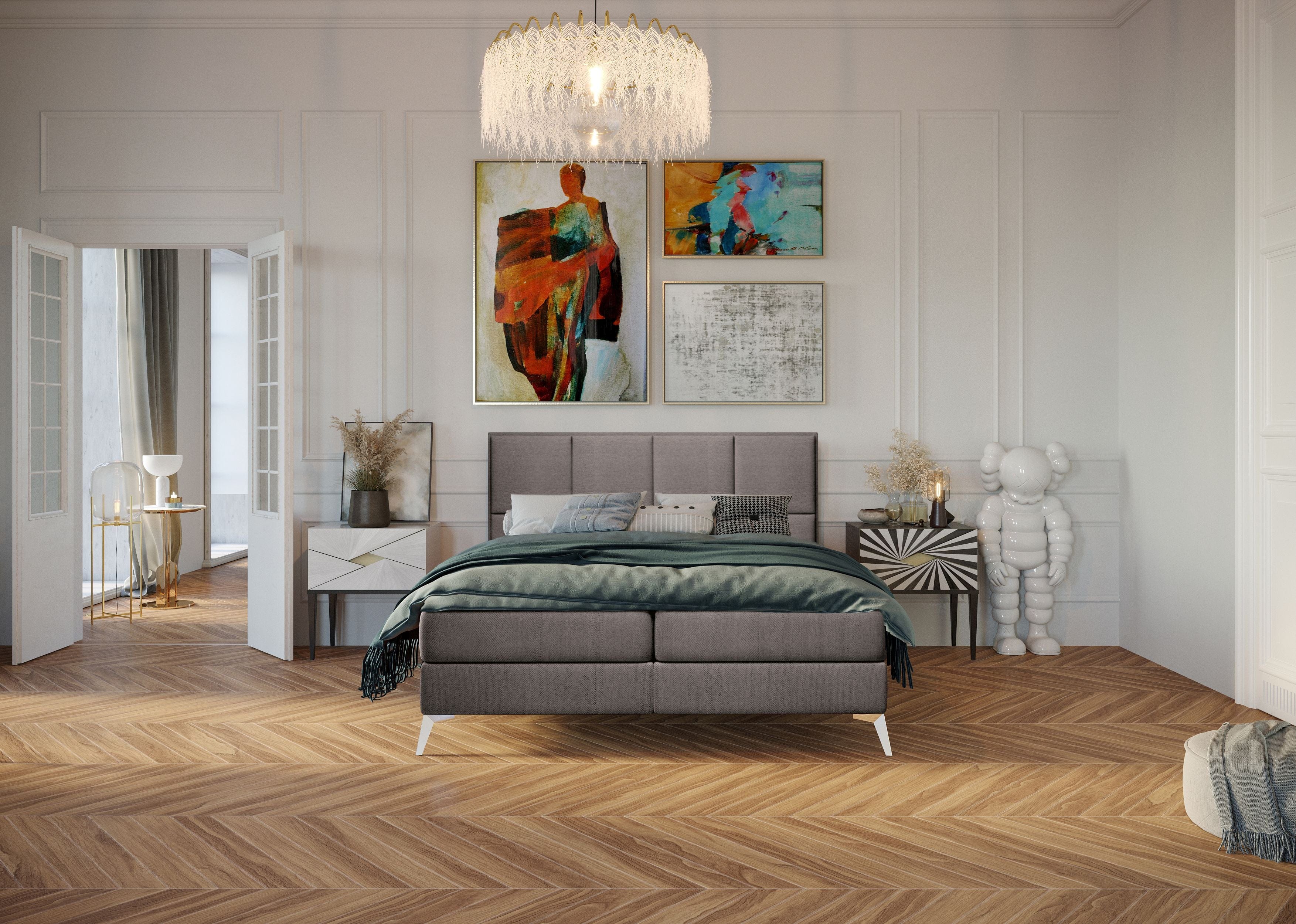 Pat rabatabil cu lada de depozitare, tapitat cu stofa, Cube Boxspring Maro (1)