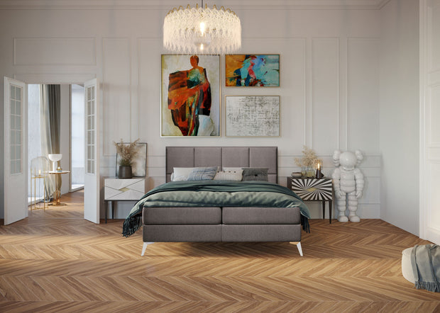 Pat rabatabil cu lada de depozitare, tapitat cu stofa, Cube Boxspring Maro (1)