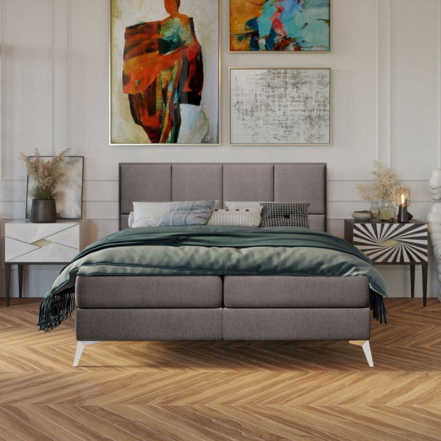 Pat rabatabil cu lada de depozitare, tapitat cu stofa, Cube Boxspring Maro (5)