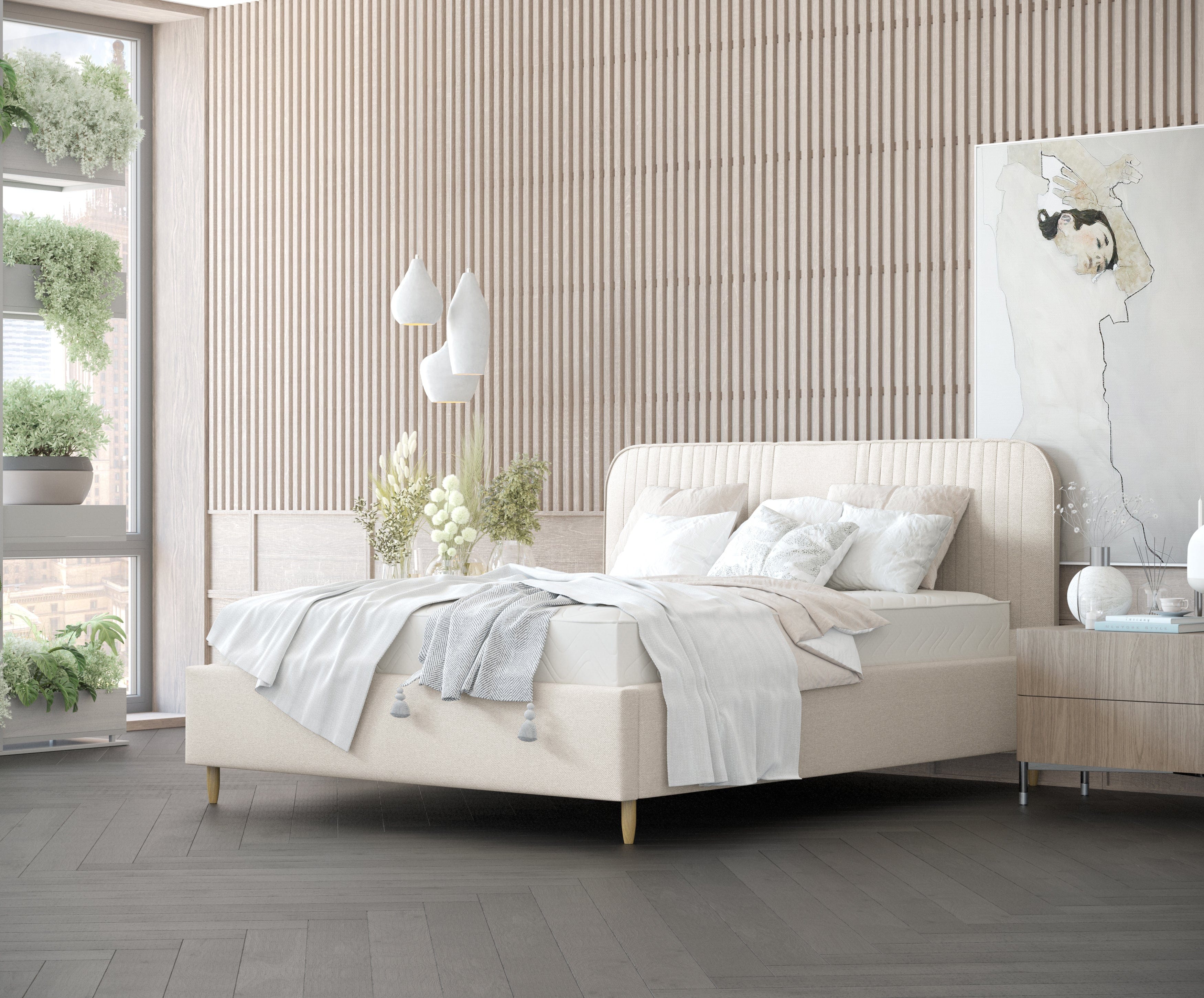 Pat rabatabil cu lada de depozitare, tapitat cu stofa, Livy Ecru (5)