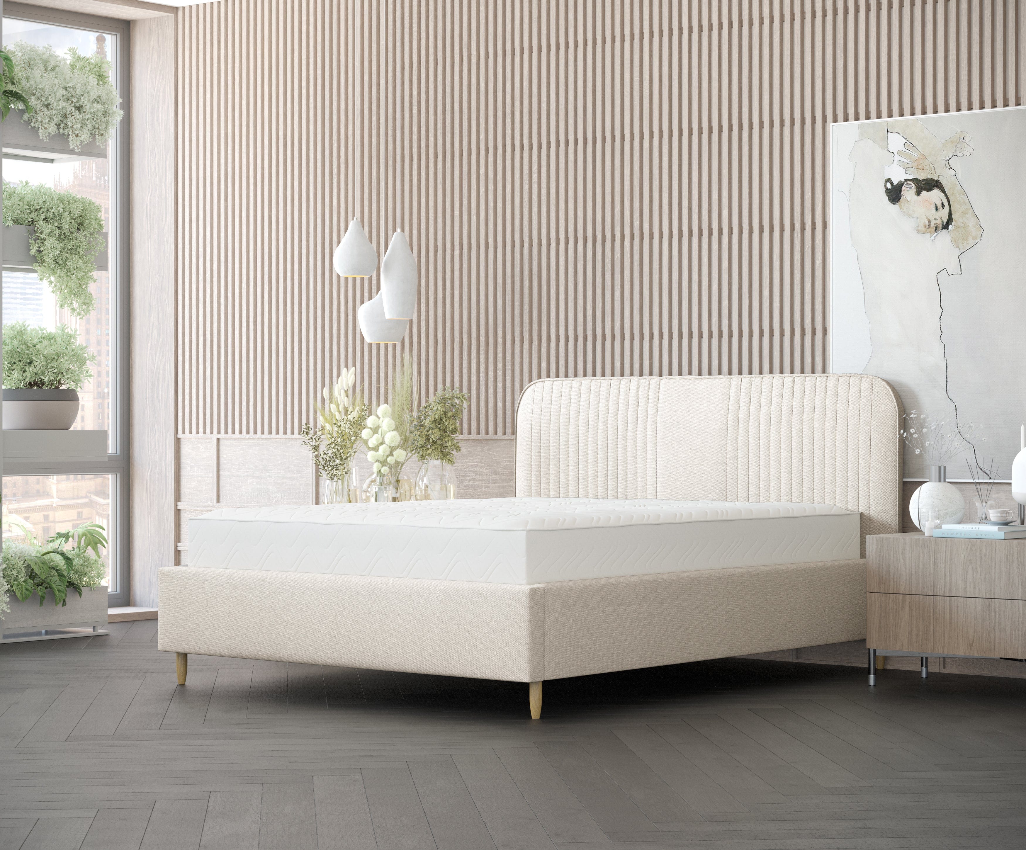 Pat rabatabil cu lada de depozitare, tapitat cu stofa, Livy Ecru (7)