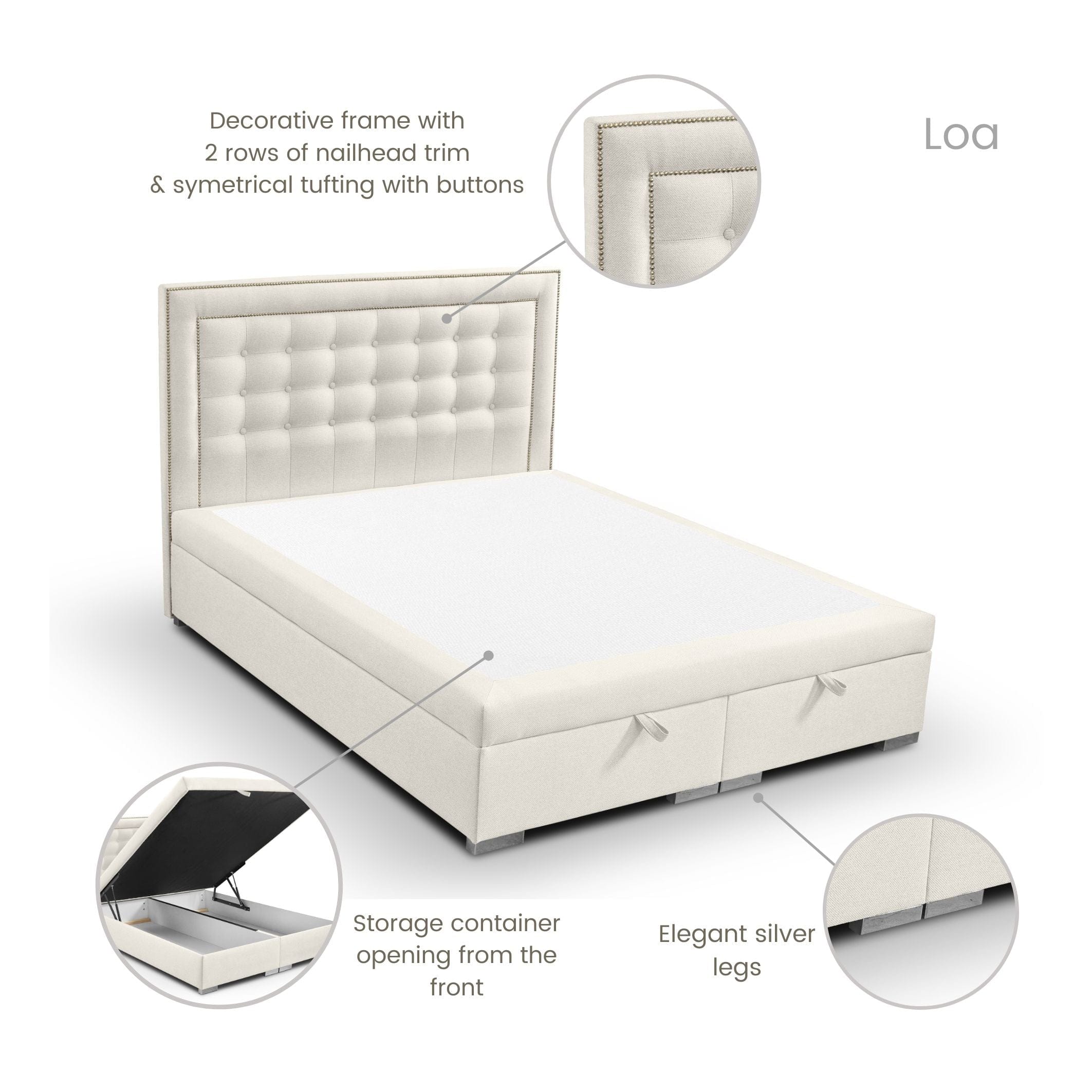 Johnsonstyle Pat rabatabil cu lada de depozitare, tapitat cu stofa, Loa Ecru