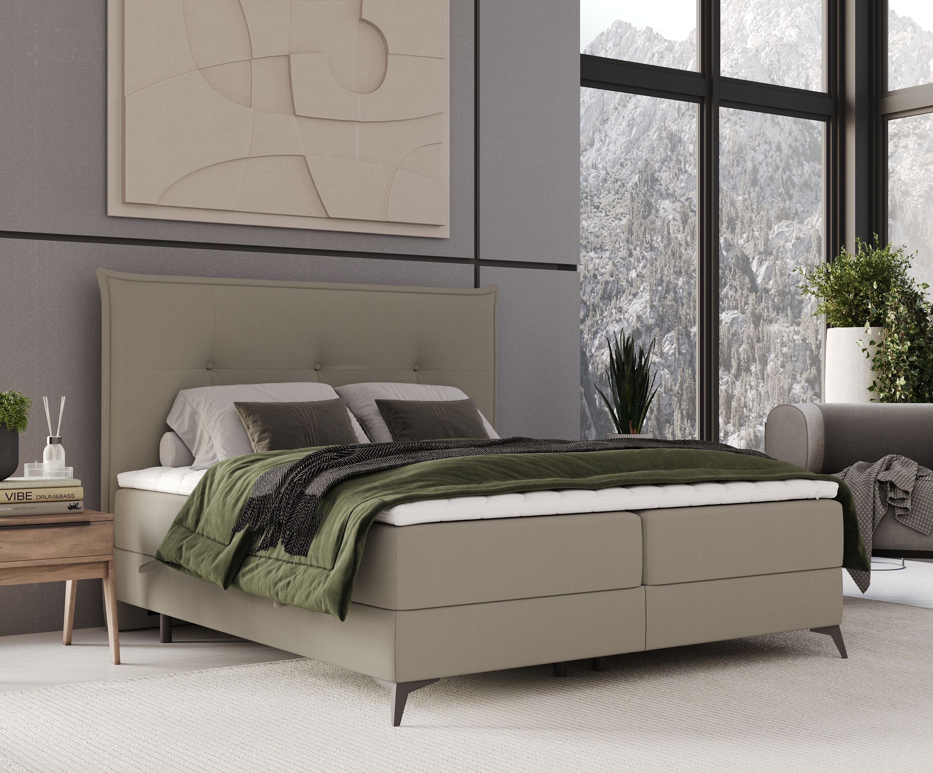 Pat rabatabil cu lada de depozitare, tapitat cu stofa, Menzzo Boxspring Bej (1)