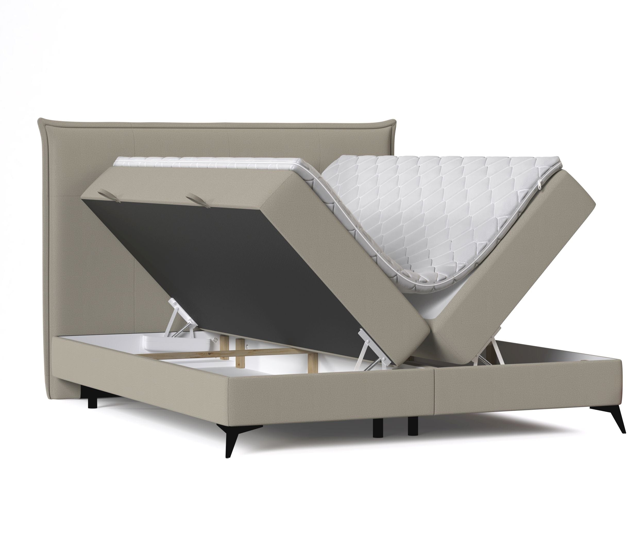 Pat rabatabil cu lada de depozitare, tapitat cu stofa, Menzzo Boxspring Bej (2)