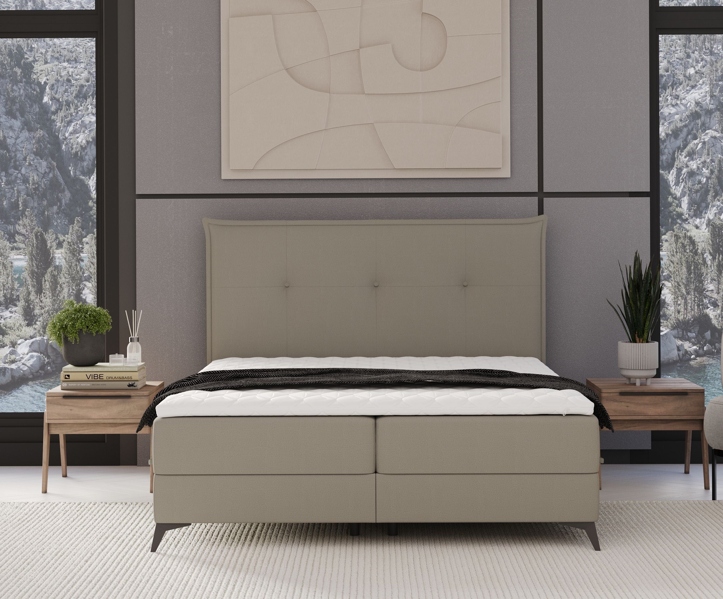 Pat rabatabil cu lada de depozitare, tapitat cu stofa, Menzzo Boxspring Bej (3)