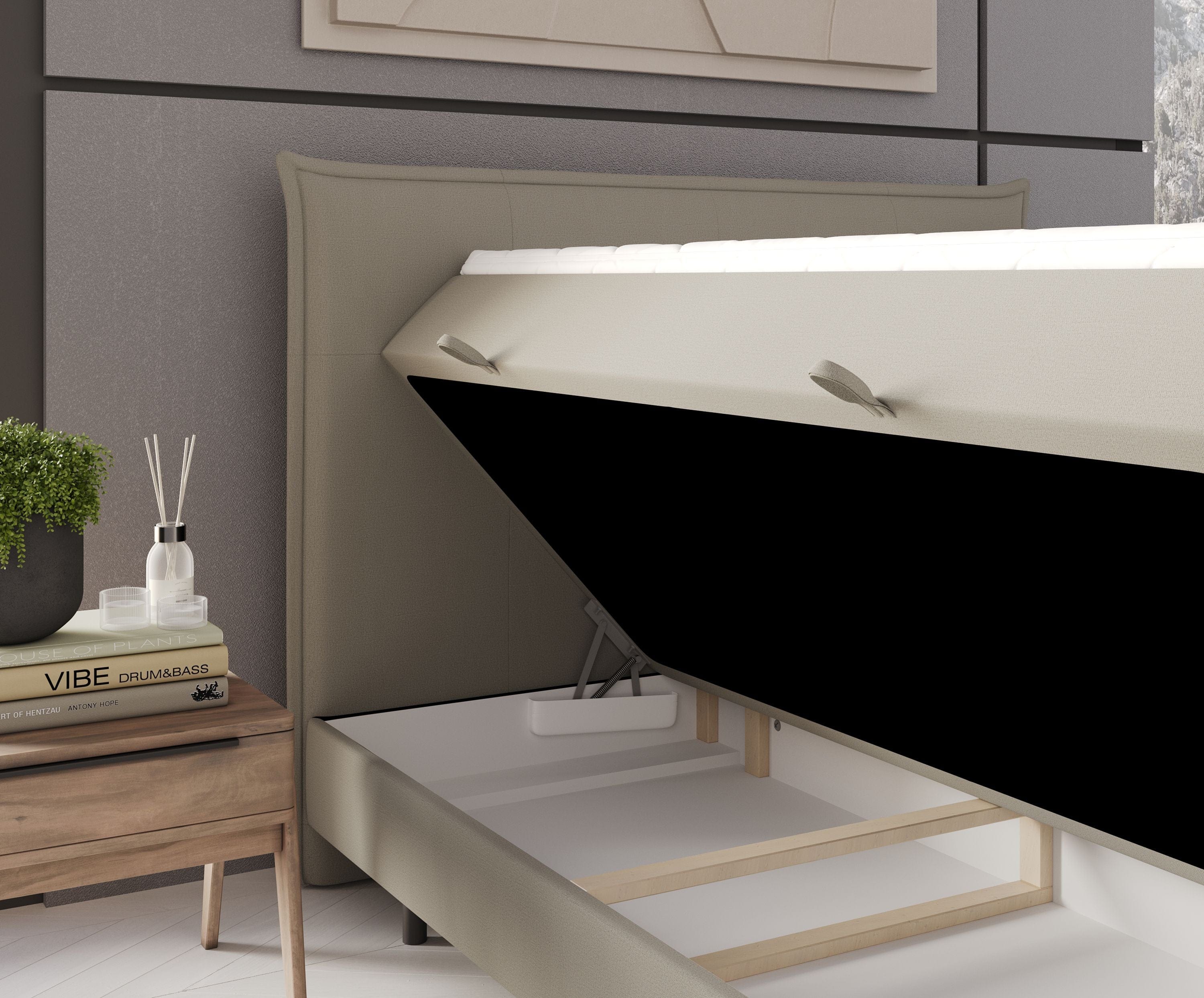 Pat rabatabil cu lada de depozitare, tapitat cu stofa, Menzzo Boxspring Bej (4)