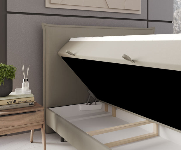 Pat rabatabil cu lada de depozitare, tapitat cu stofa, Menzzo Boxspring Bej (4)