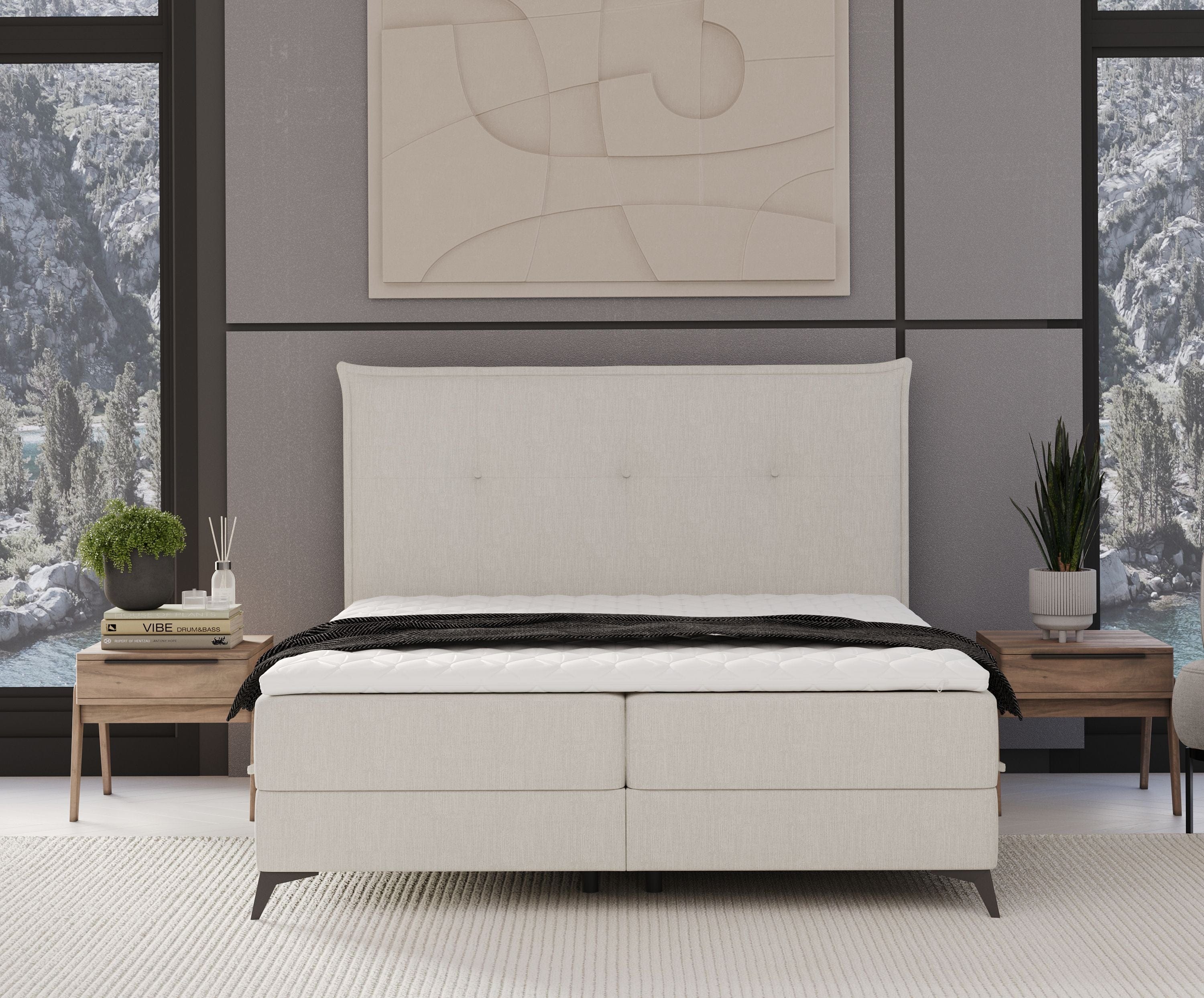 Johnsonstyle Pat rabatabil cu lada de depozitare, tapitat cu stofa, Menzzo Boxspring Bej