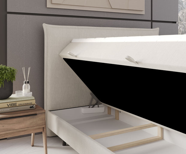 Pat rabatabil cu lada de depozitare, tapitat cu stofa, Menzzo Boxspring Bej (4)