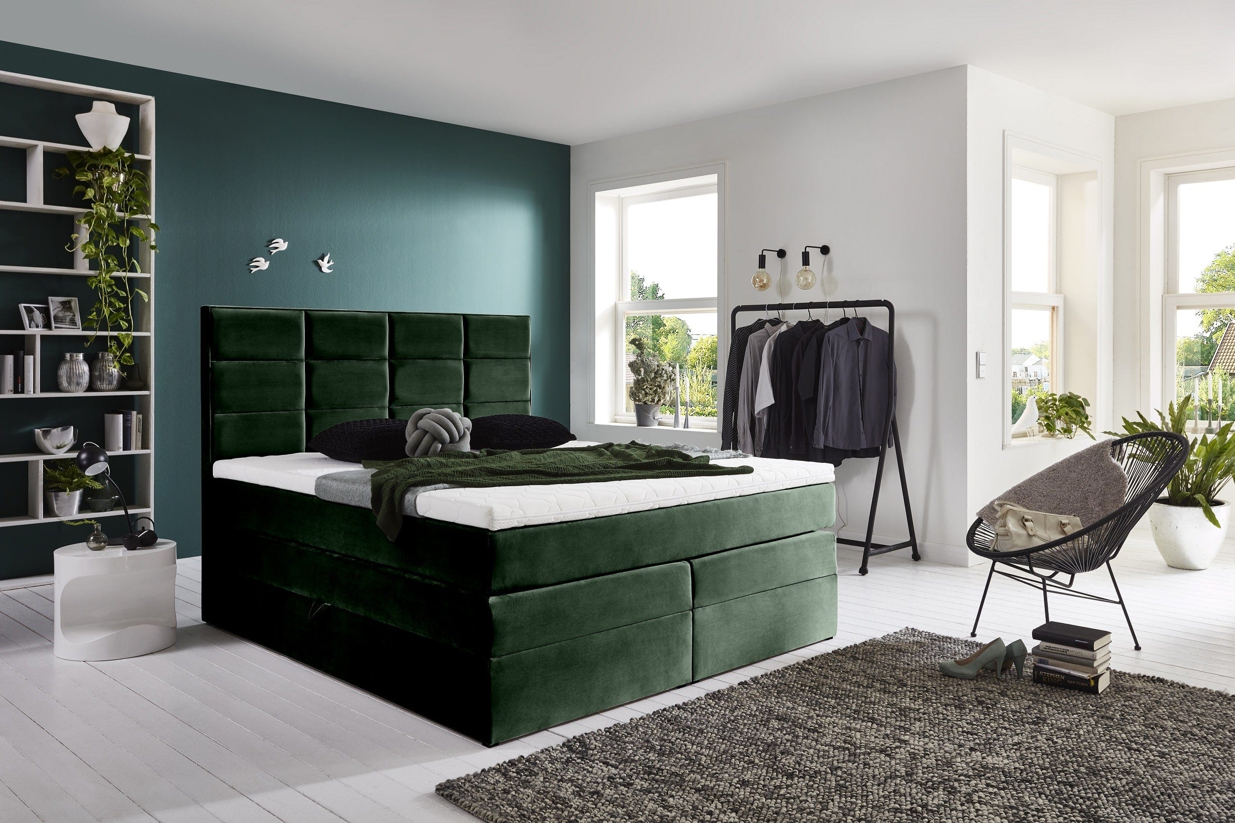 Pat rabatabil cu lada de depozitare, tapitat cu stofa, Meran Boxspring Velvet Verde Inchis