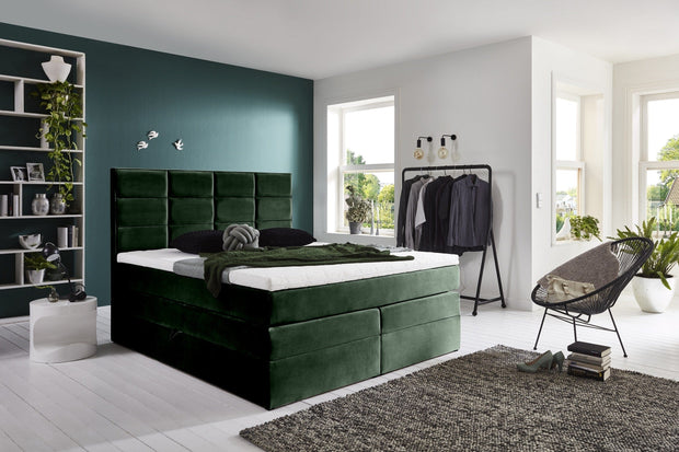 Pat rabatabil cu lada de depozitare, tapitat cu stofa, Meran Boxspring Velvet Verde Inchis