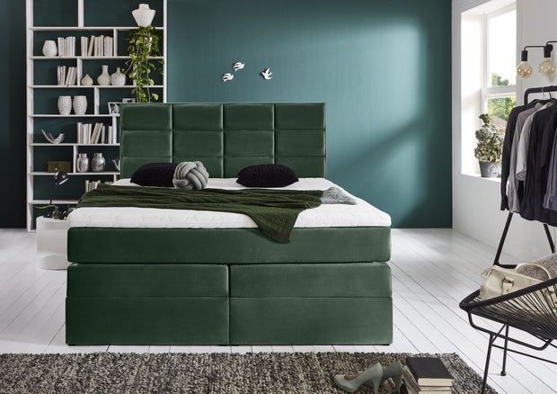 Pat rabatabil cu lada de depozitare, tapitat cu stofa, Meran Boxspring Velvet Verde Inchis (1)