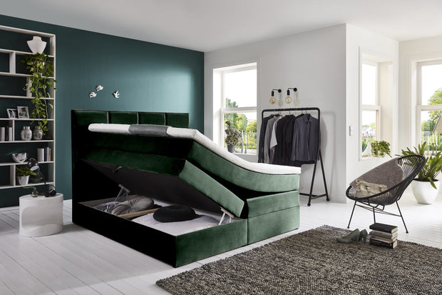 Pat rabatabil cu lada de depozitare, tapitat cu stofa, Meran Boxspring Velvet Verde Inchis (2)