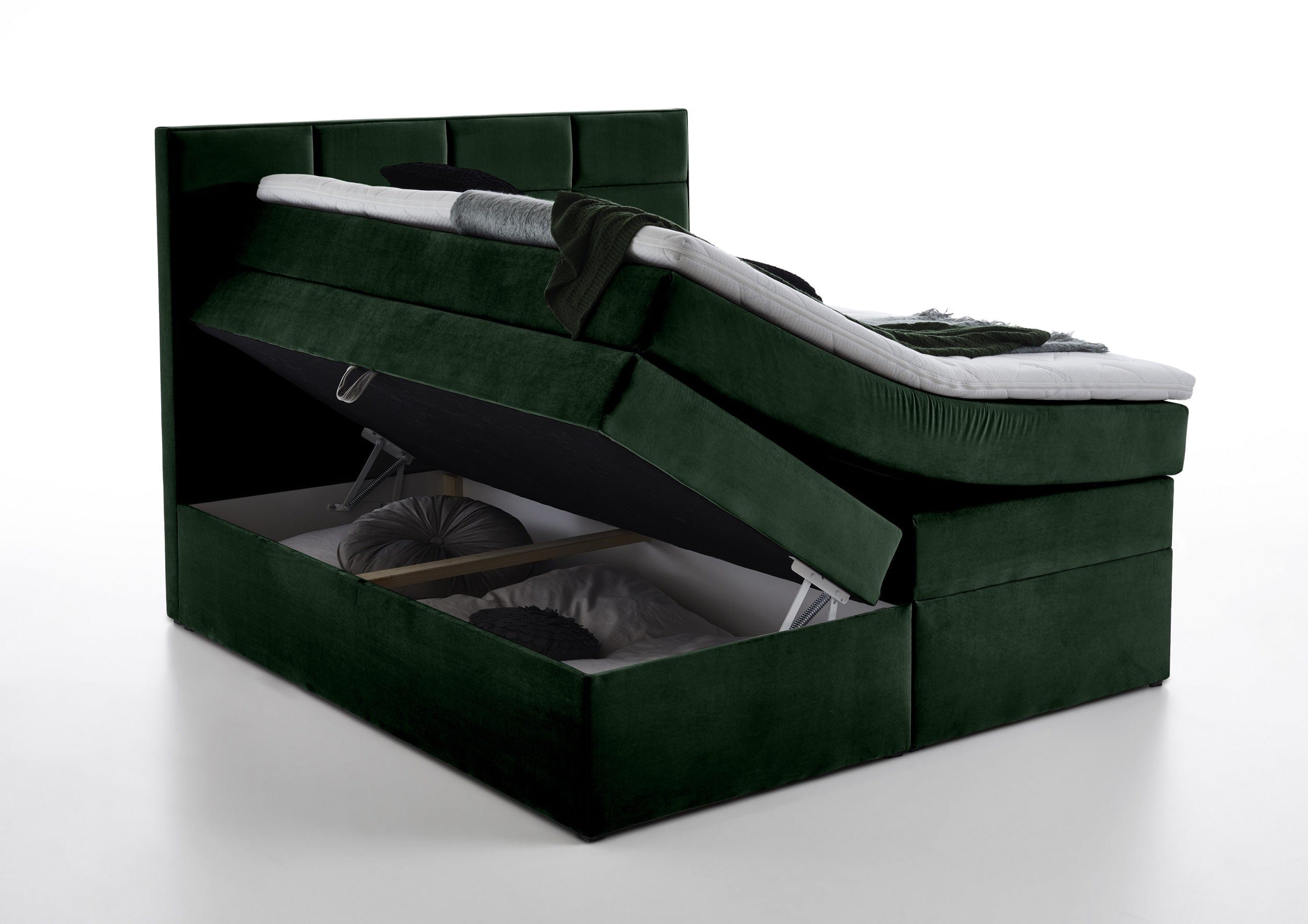 Pat rabatabil cu lada de depozitare, tapitat cu stofa, Meran Boxspring Velvet Verde Inchis (5)