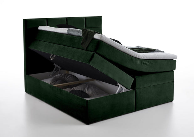 Pat rabatabil cu lada de depozitare, tapitat cu stofa, Meran Boxspring Velvet Verde Inchis (5)
