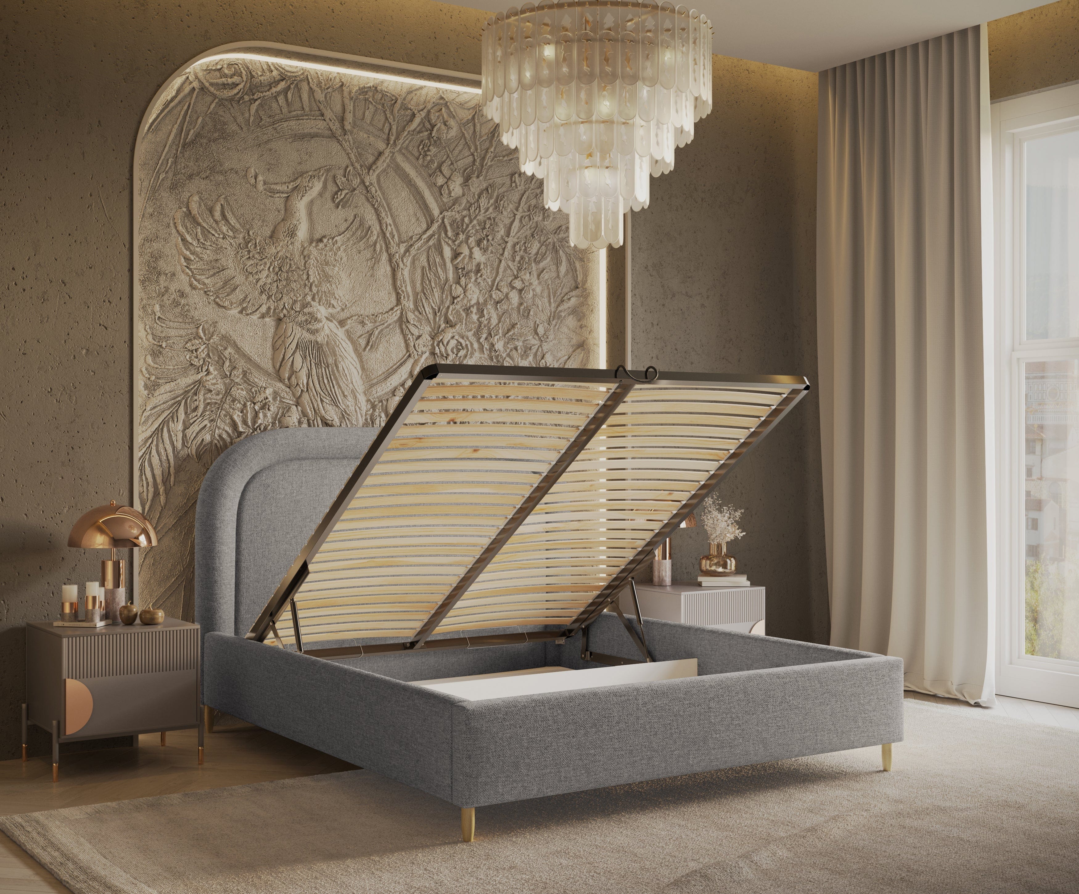 Pat rabatabil cu lada de depozitare, tapitat cu stofa, Mija Gri Inchis (5)