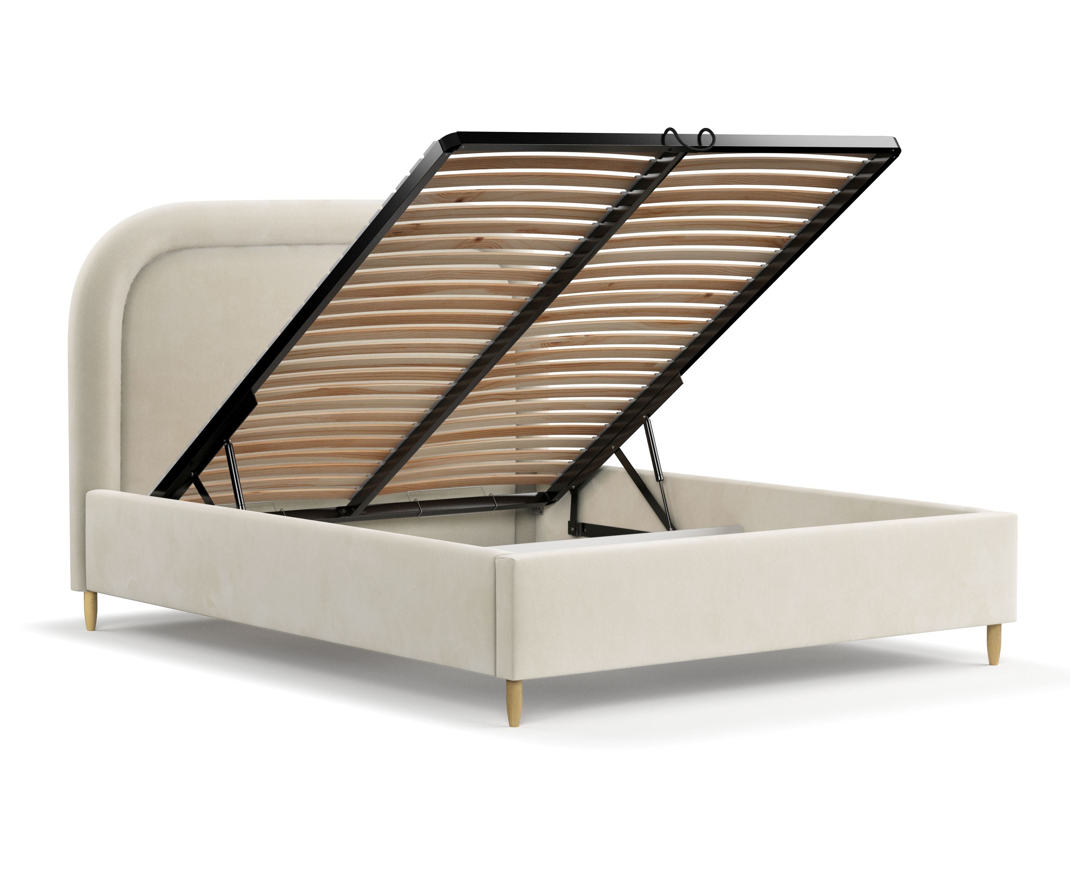 Pat rabatabil cu lada de depozitare, tapitat cu stofa, Mija Velvet Bej Deschis (1)