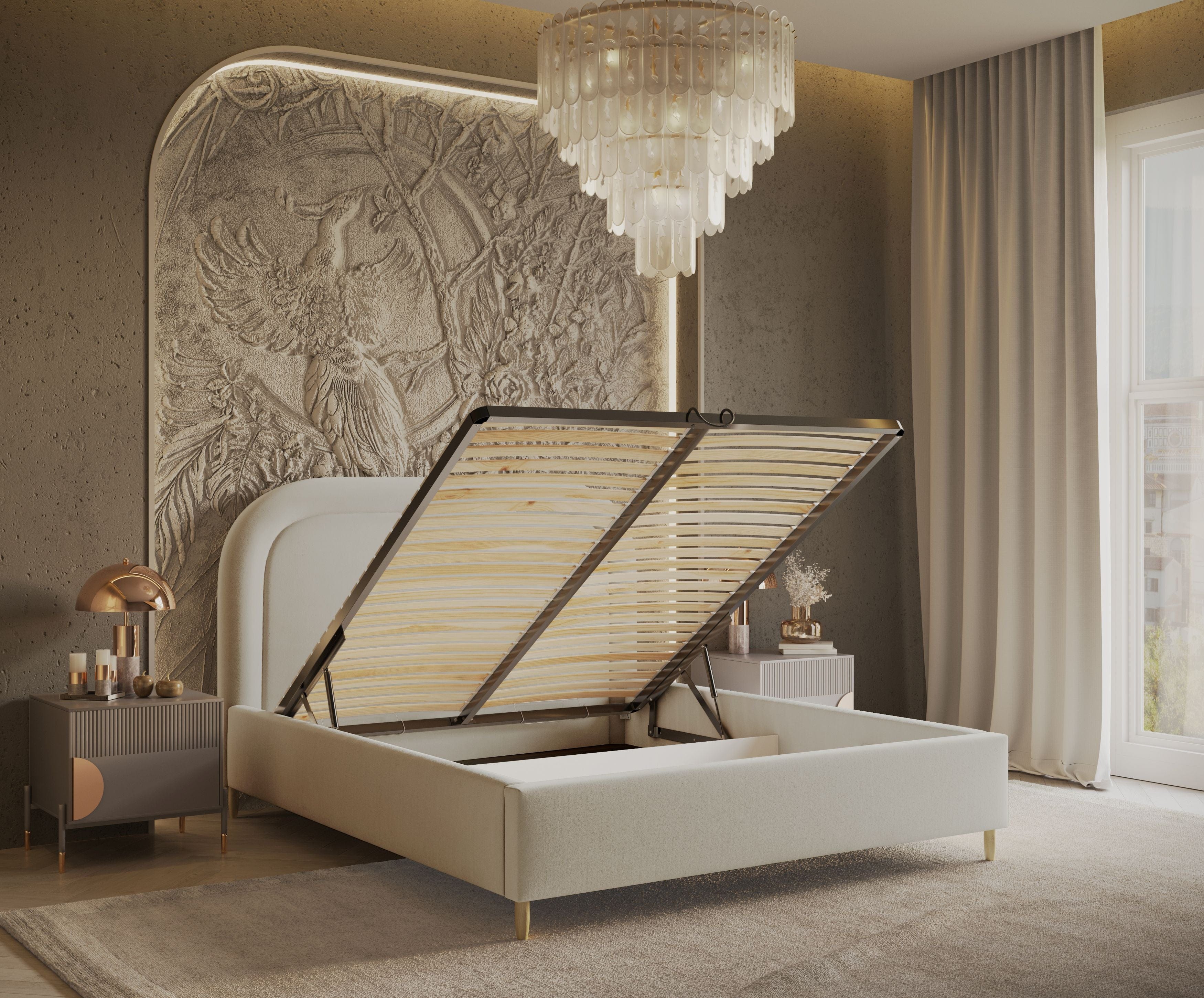 Pat rabatabil cu lada de depozitare, tapitat cu stofa, Mija Velvet Bej Deschis (6)