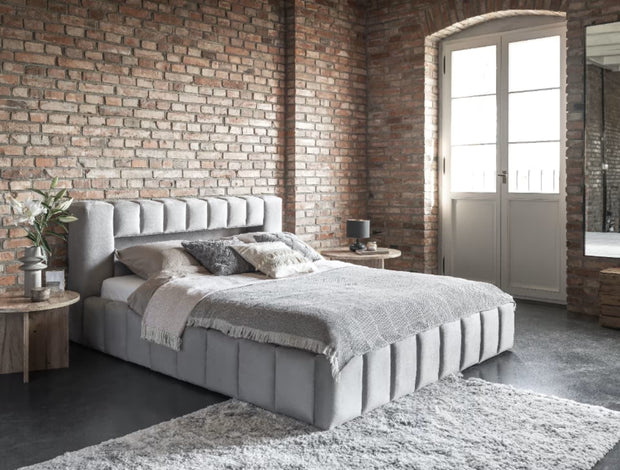 Pat rabatabil cu lada de depozitare, tapitat cu stofa si LED inclus, Lamiso Neutral Velvet (1)