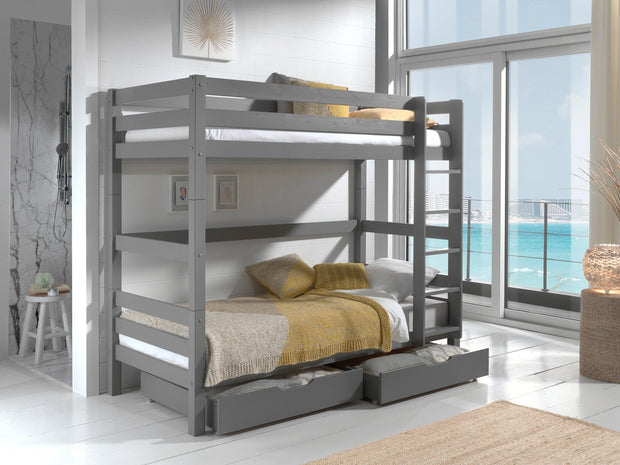 Pat supraetajat din lemn, cu 2 sertare, pentru copii, Pino 180 Gri, 200 x 90 cm