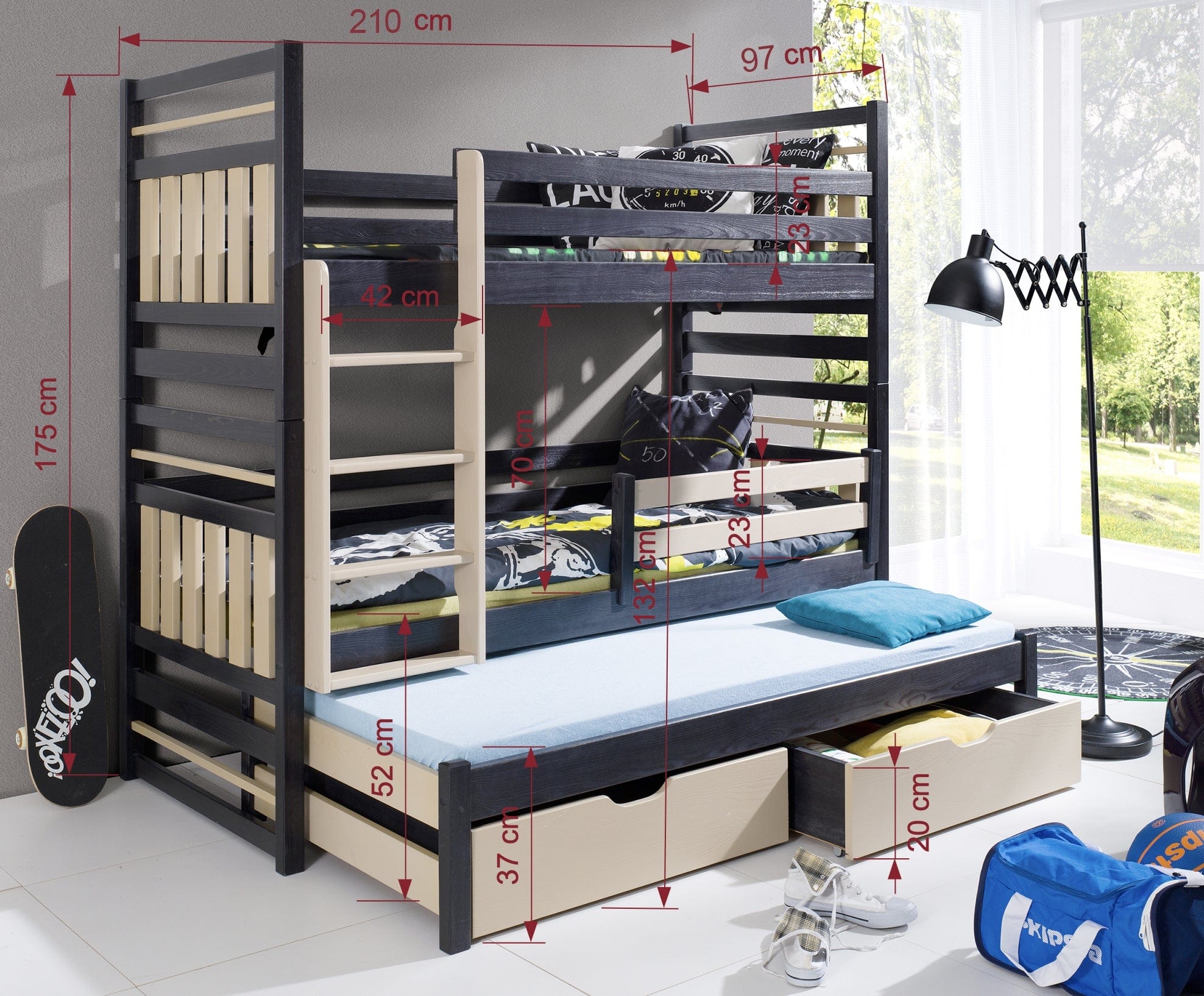 Pat supraetajat din lemn de pin, cu 2 sertare si 3 locuri, pentru copii Hipolit, 200 x 90 cm (4)