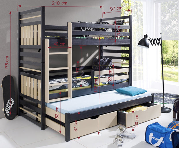 Pat supraetajat din lemn de pin, cu 2 sertare si 3 locuri, pentru copii Hipolit, 200 x 90 cm (4)