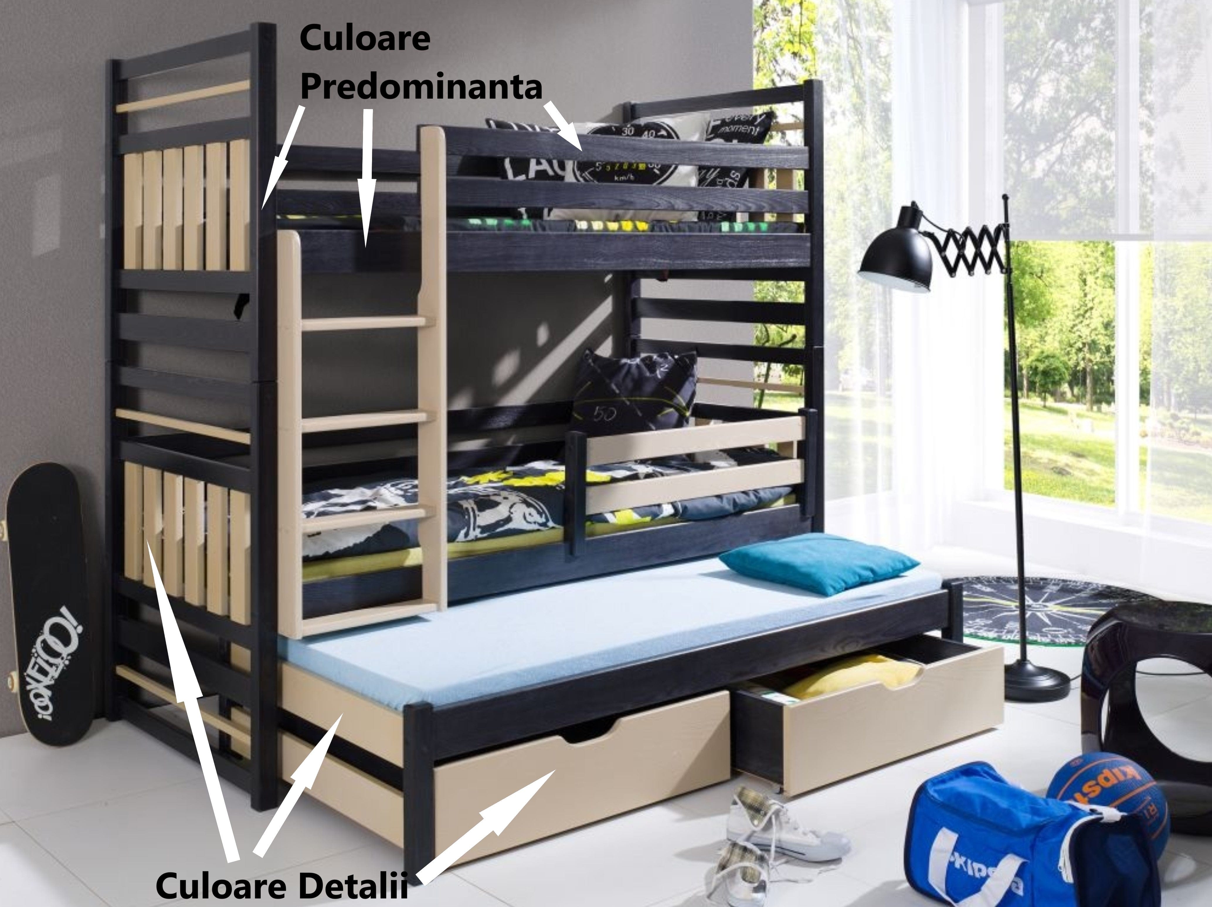 Pat supraetajat din lemn de pin, cu 2 sertare si 3 locuri, pentru copii Hipolit, 200 x 90 cm (5)