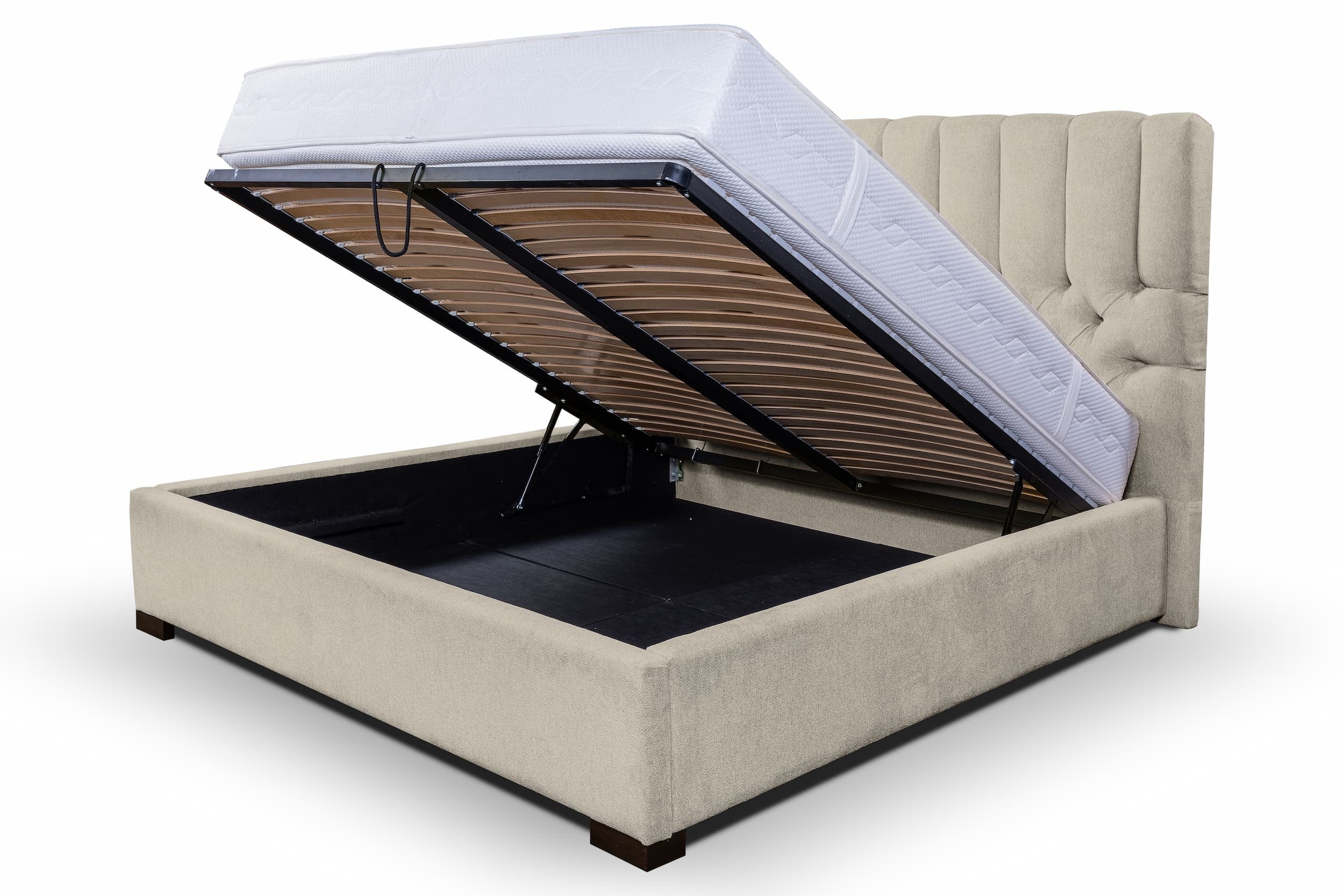 Pat tapitat cu stofa, Somiera Rabatabila cu spatiu de depozitare, Brennero Bej (7)