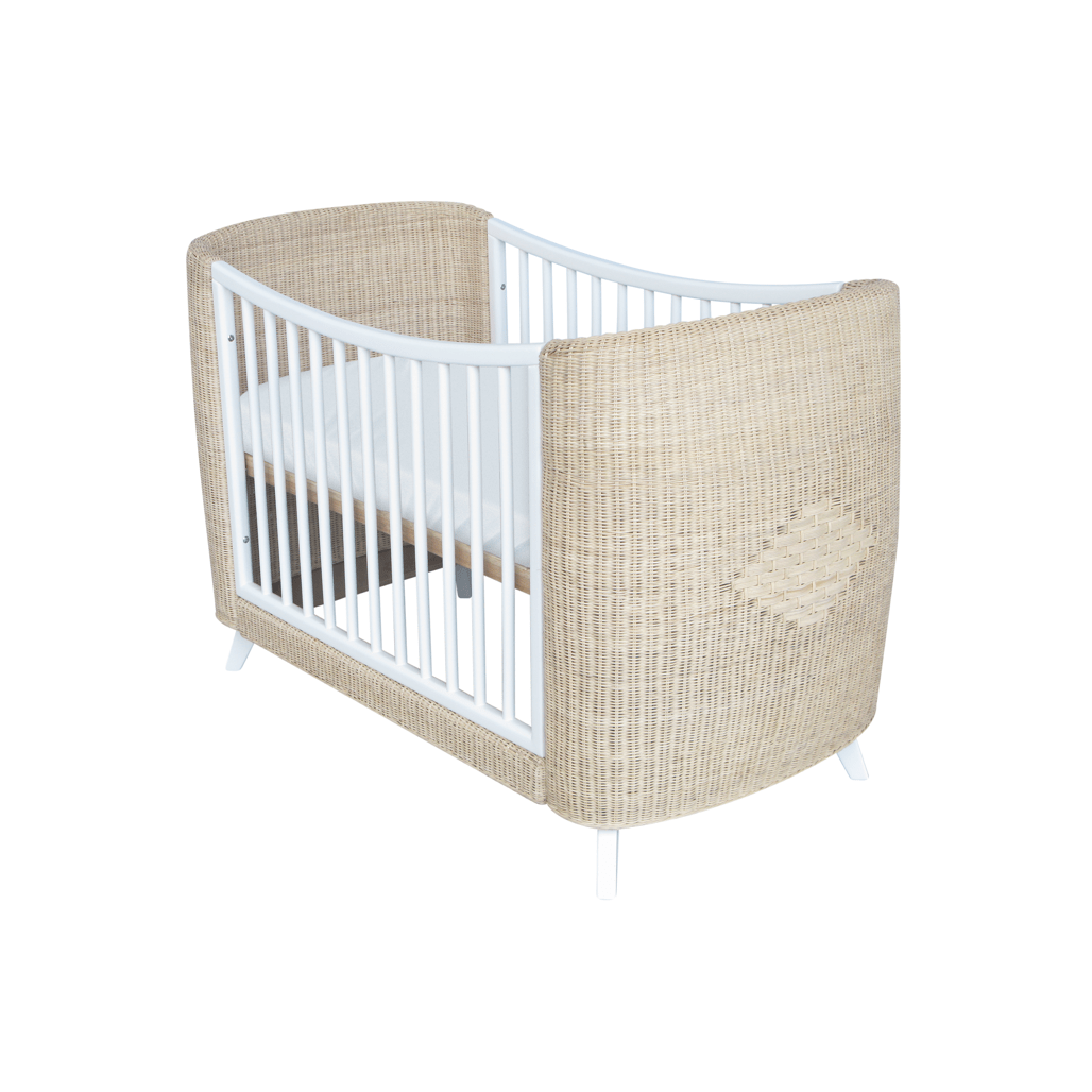 Theo Bebe Patut din lemn si ratan, pentru bebe, Coquillage Alb / Natural