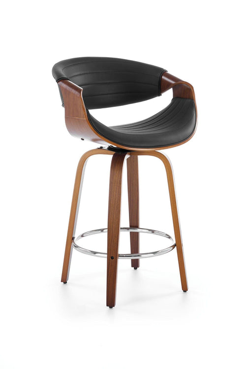 Scaun de bar tapitat cu piele ecologica si picioare din pal, H123 Negru / Nuc, l55xA51xH91 cm