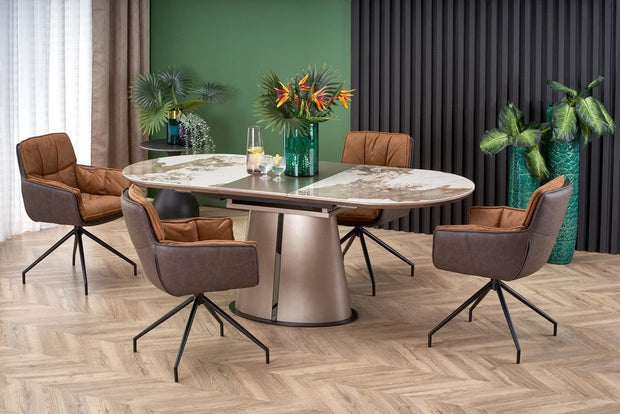 Scaun rotativ tapitat cu stofa si piele ecologica, picioare metalice, Kai-523 Maro / Maro Inchis / Negru, l61xA61xH85 cm (1)