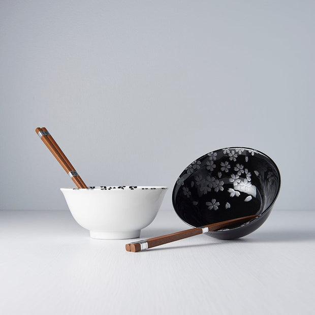 Set 2 boluri cu 4 bete japoneze, din ceramica, Sakura Negru, 400 ml (2)