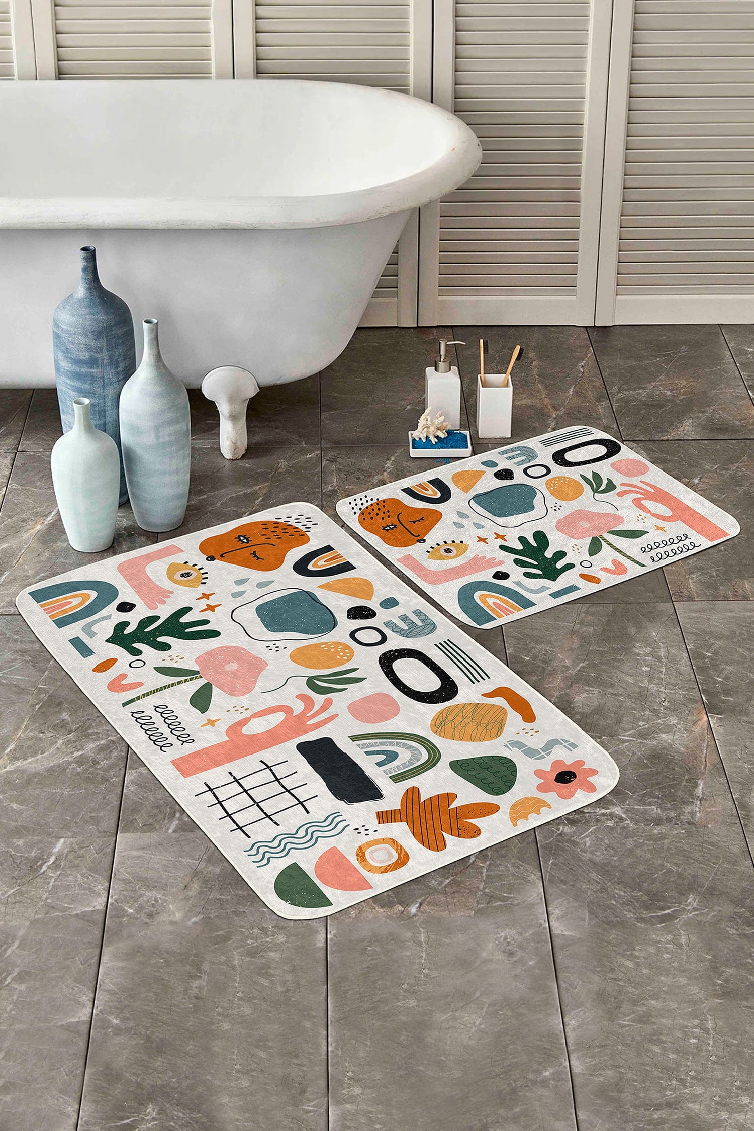 Set 2 covorase pentru baie antiderapante din poliester, Nuray BPS304 Rectangle Multicolor, 100 x 60 cm / 60 x 50 cm