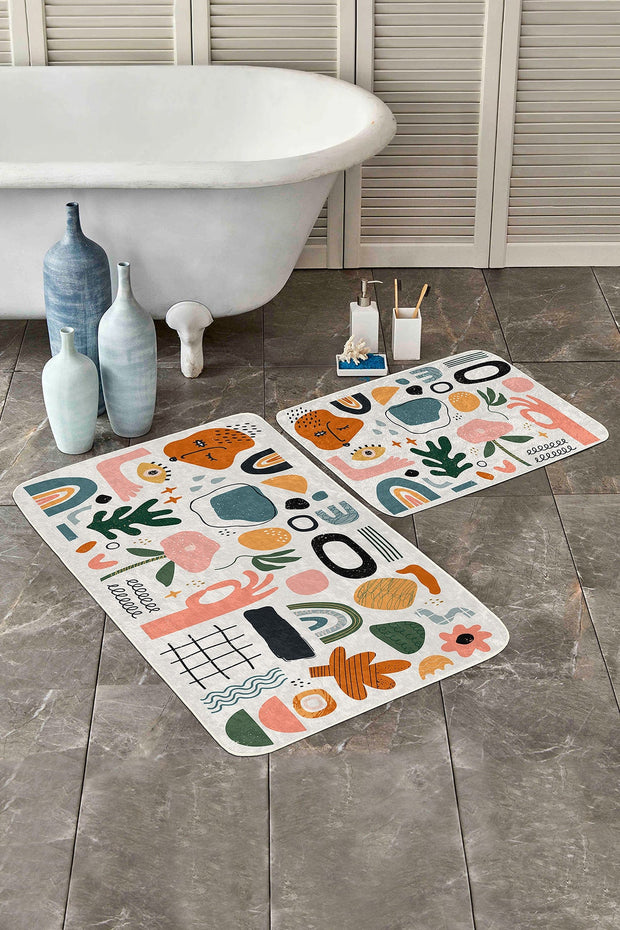 Set 2 covorase pentru baie antiderapante din poliester, Nuray BPS304 Rectangle Multicolor, 100 x 60 cm / 60 x 50 cm