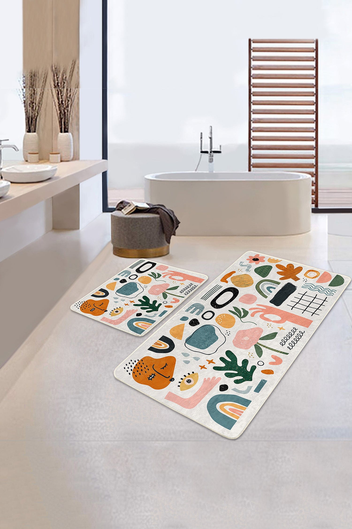 Set 2 covorase pentru baie antiderapante din poliester, Nuray BPS304 Rectangle Multicolor, 100 x 60 cm / 60 x 50 cm (1)