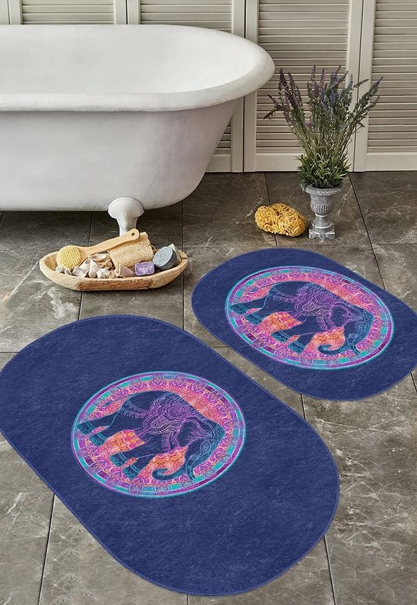 Set 2 covorase pentru baie antiderapante din poliester, Pelo BPS646 Oval Multicolor, 100 x 60 cm / 60 x 50 cm (1)