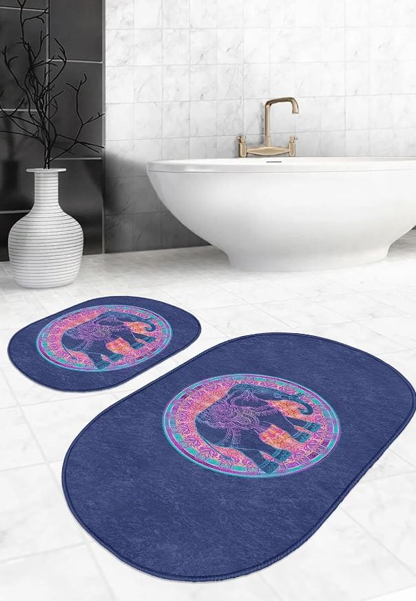 Set 2 covorase pentru baie antiderapante din poliester, Pelo BPS646 Oval Multicolor, 100 x 60 cm / 60 x 50 cm (2)