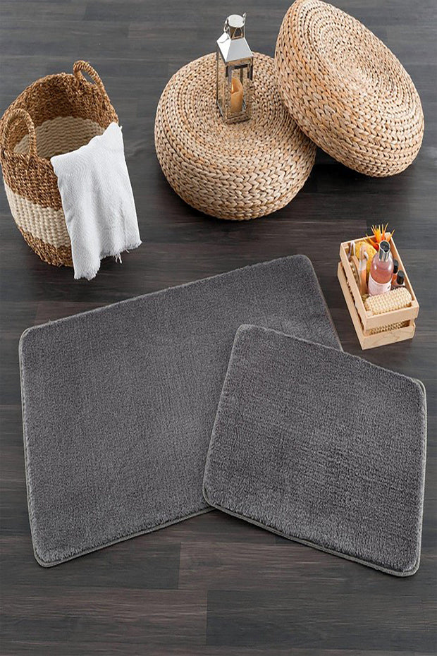 Set 2 covorase pentru baie antiderapante din poliester, Pufy Antracit, 40 x 60 / 50 x 80 cm (1)