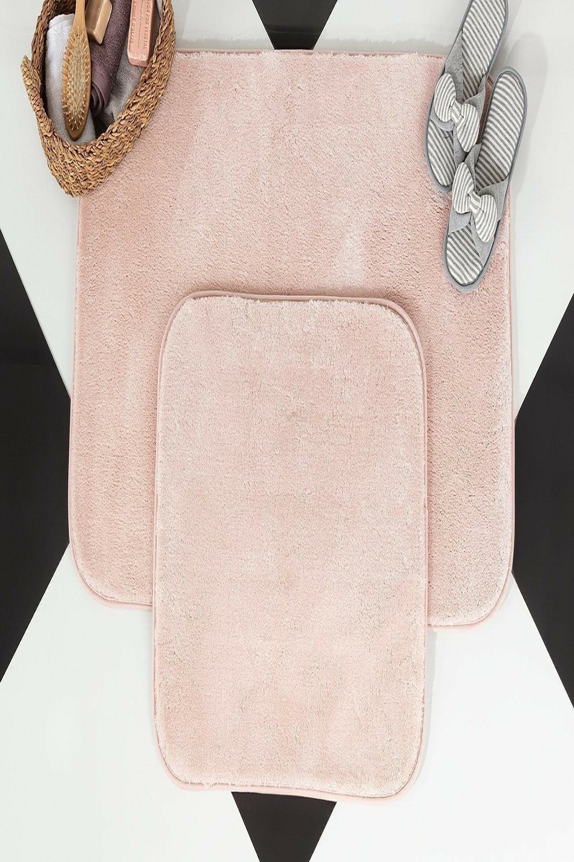 Set 2 covorase pentru baie antiderapante din poliester, Pufy Roz, 60 x 100 / 50 x 80 cm