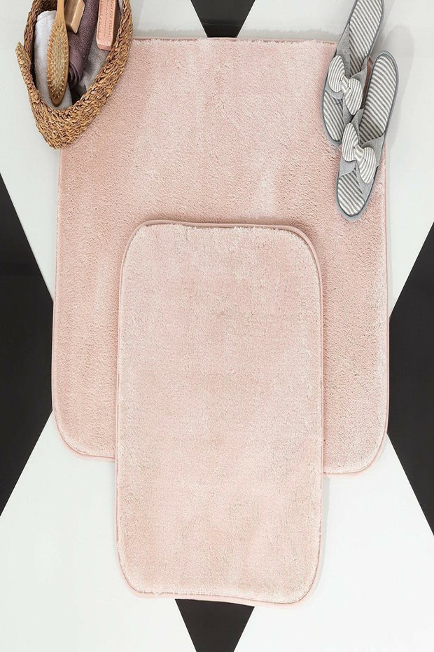 Set 2 covorase pentru baie antiderapante din poliester, Pufy Roz, 60 x 100 / 50 x 80 cm