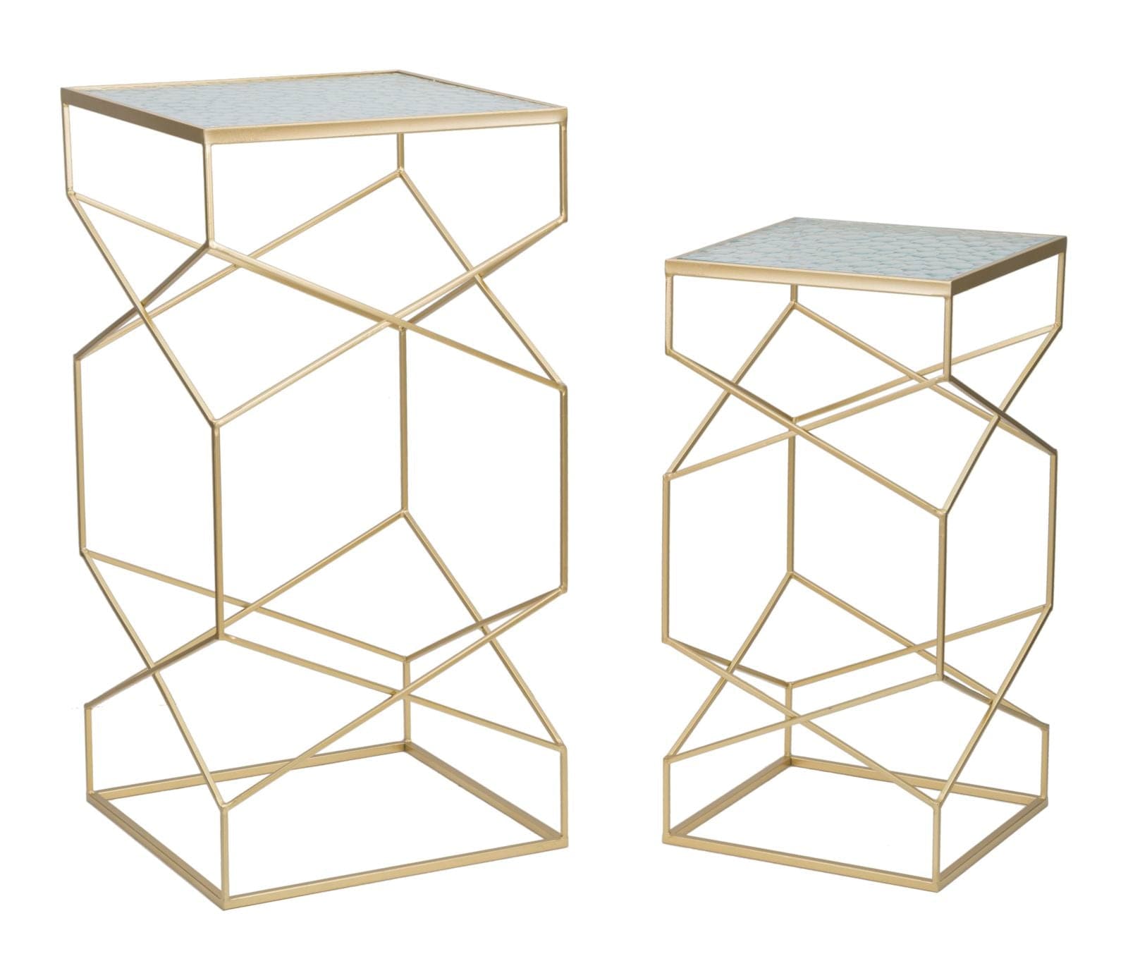 Mauro Ferretti Set 2 masute suport telefon/flori din metal si sticla, Glassy Couple Auriu, L50xl50xH100 cm / L40xl40xH80 cm