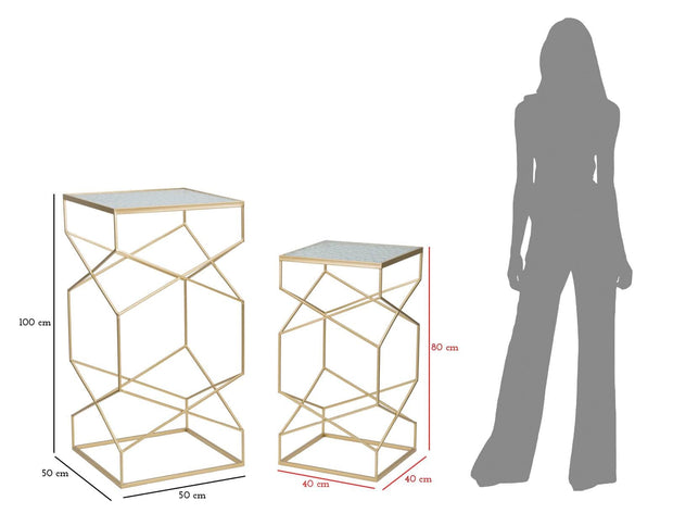 Mauro Ferretti Set 2 masute suport telefon/flori din metal si sticla, Glassy Couple Auriu, L50xl50xH100 cm / L40xl40xH80 cm