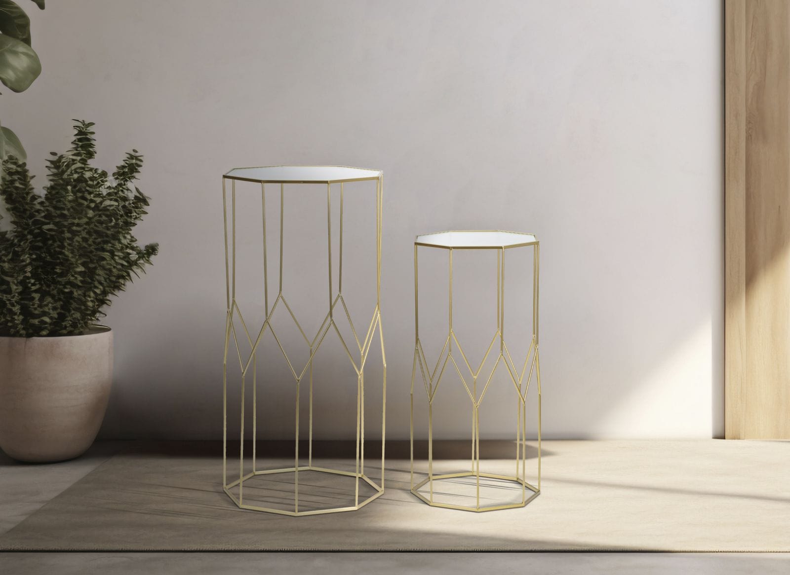 Mauro Ferretti Set 2 masute suport telefon/flori din metal si sticla, New Glass Auriu, L50xl46xH100 cm / L40xl37xH80 cm