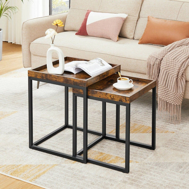 Asir Set 2 mese de cafea din lemn si metal, Mira Maro / Negru, L45xl45xH54 cm / L40xl40xH48 cm