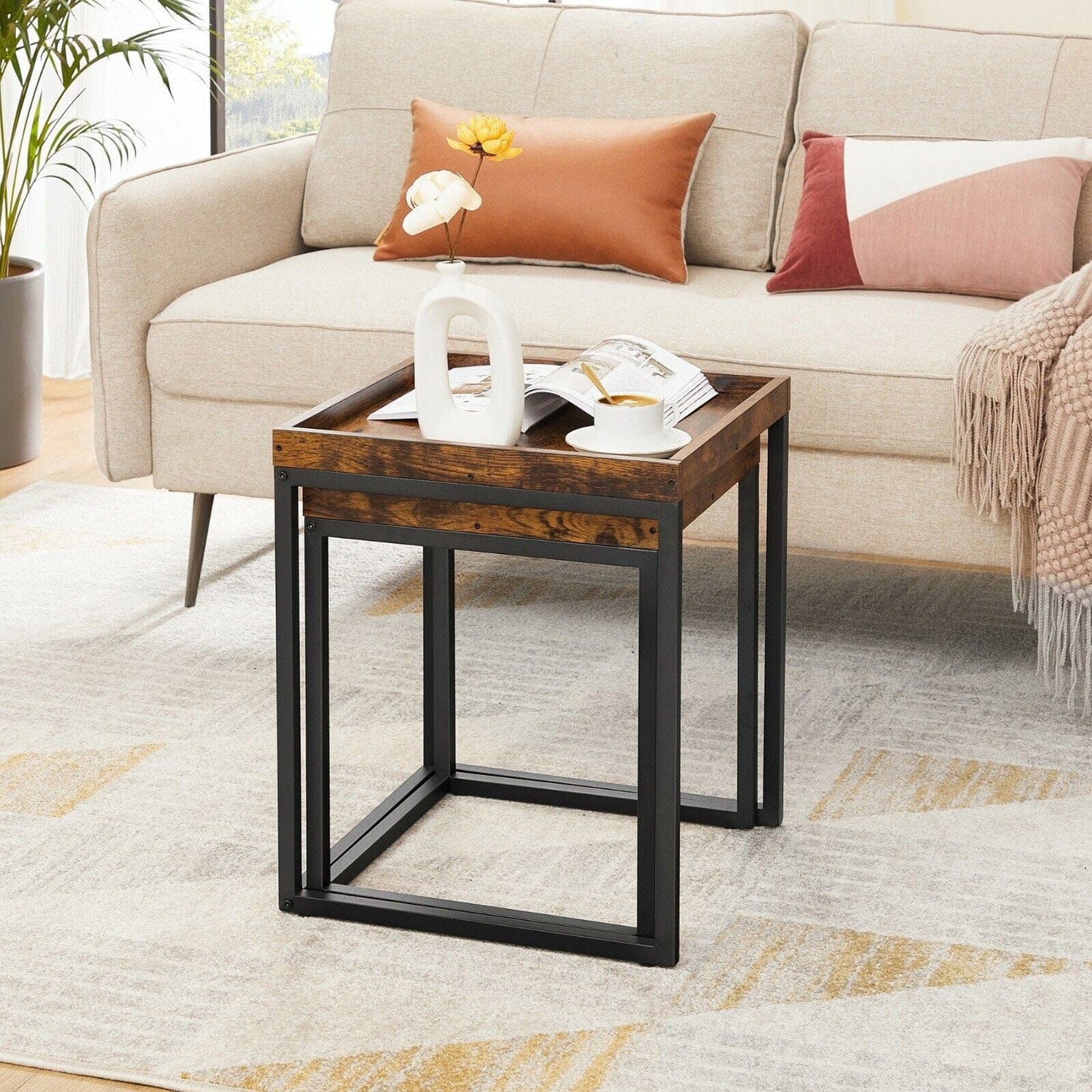 Asir Set 2 mese de cafea din lemn si metal, Mira Maro / Negru, L45xl45xH54 cm / L40xl40xH48 cm