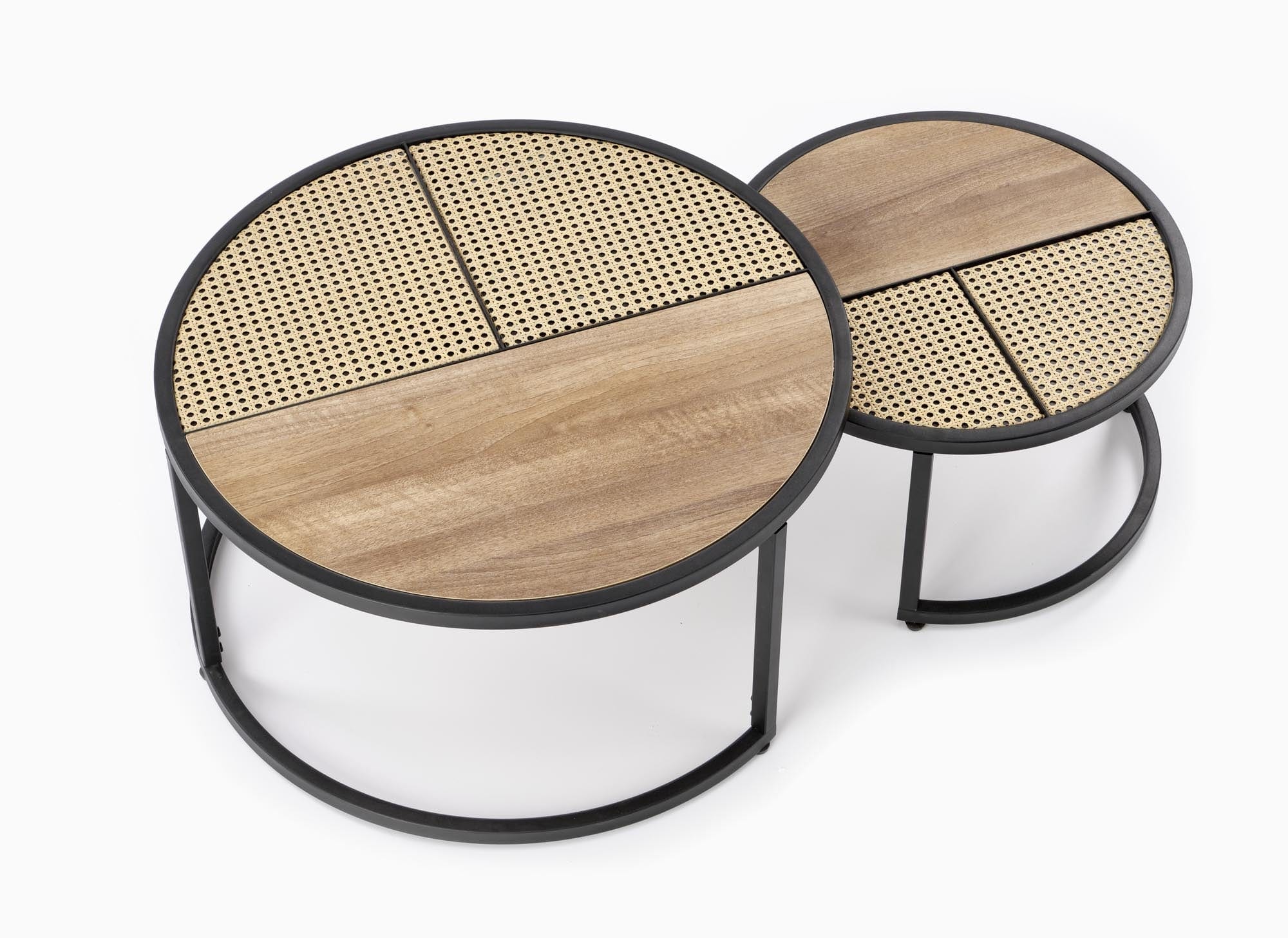 Set 2 mese de cafea din MDF si metal, Garmina Stejar / Negru, Ø70xH36 / Ø50xH30 cm (1)