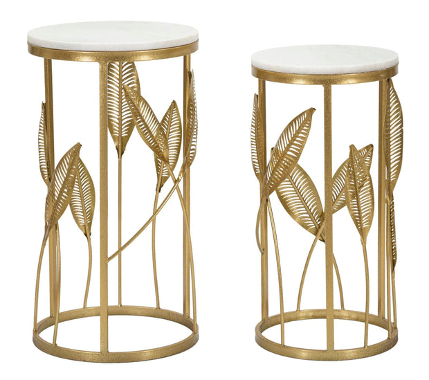 Set 2 mese de cafea din metal si sticla, Leaf Auriu, Ø35x65,5 / Ø30x60,5 cm