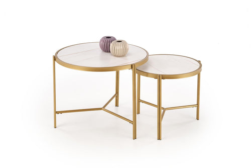 Set 2 mese de cafea din piatra sinterizata si metal, Fatima Alb / Auriu, Ø63xH50 / Ø48xH43 cm
