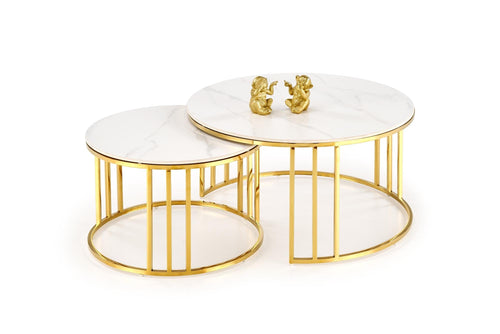 Set 2 mese de cafea din piatra sinterizata si metal, Mercury 3 Alb / Auriu, Ø80xH42 / Ø60xH38 cm