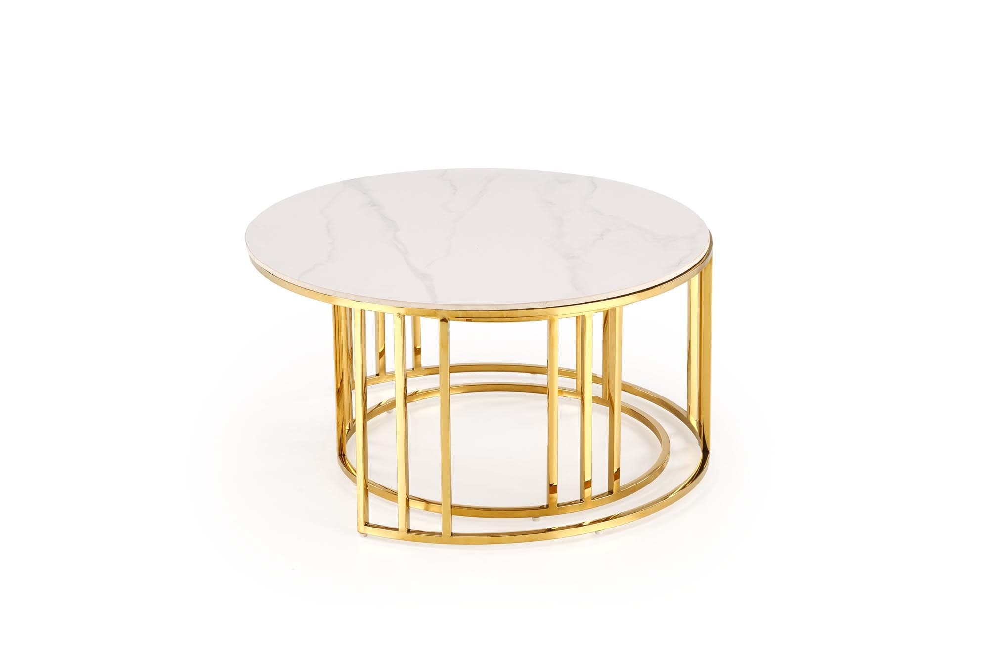 Set 2 mese de cafea din piatra sinterizata si metal, Mercury 3 Alb / Auriu, Ø80xH42 / Ø60xH38 cm (1)